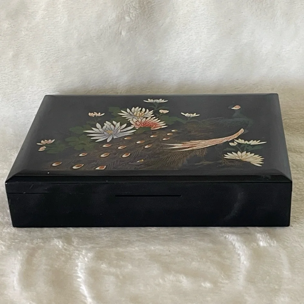 Vintage Black Lacquered Peacock Floral Mini Travel Tissue Box with Mirror